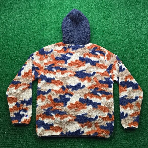 Champion Hoodie Mens Medium Brown Blue Sherpa Camo Fleece Pullover Sweatshirt - Picture 12 of 12